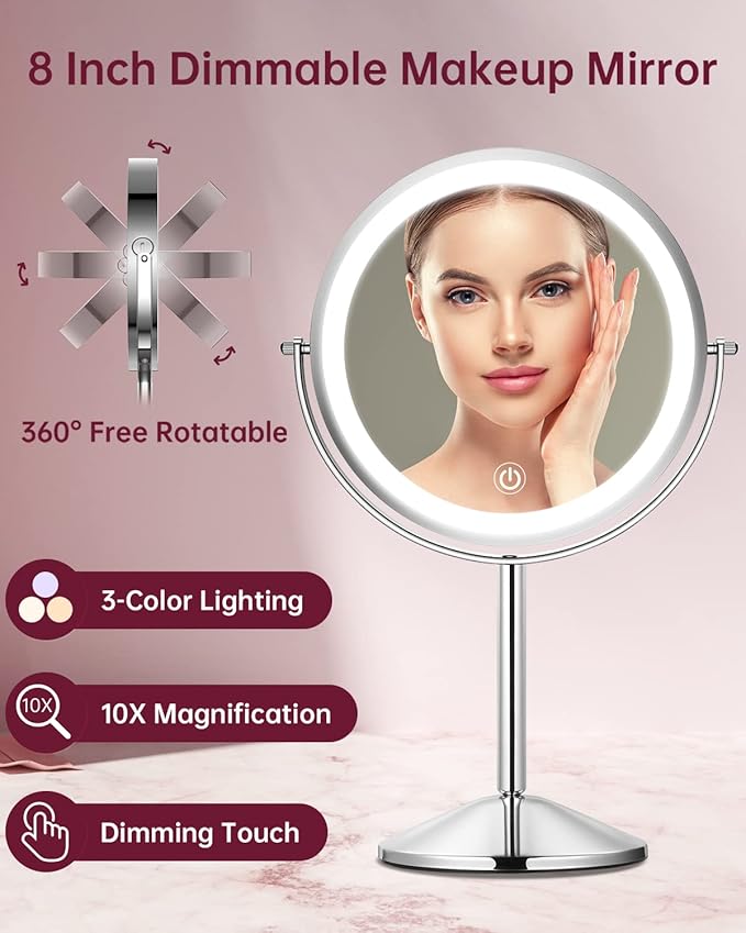 Gospire 8" Lighted Makeup Mirror with Magnification 10X/1X, 3 Color Lights & Dimmable Lighting, 360° Rotation Double Sided Rechargeable Cordless Vanity Cosmetic Standing LED Mirror for Makeup