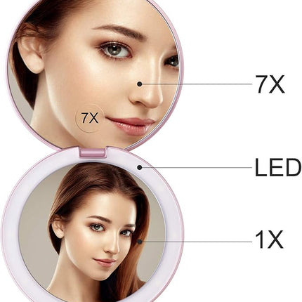 Gospire 5" Lighted Travel Makeup Mirror 1X/7X Magnifying Double Sided, Super Large LED Compact Portable Handheld Pocket Illuminated Cosmetic Vanity Mirror with Battery for Makeup Bag