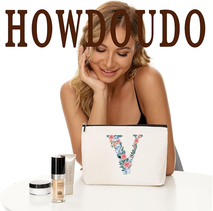 Initial Makeup Bag Monogrammed Travel Toiletry Bag Monogram Cosmetic Bag Birthday Christmas Bridal Shower Bridesmaid Gifts Personalized Gifts for Women Bride Teacher Sister Girlfriend, Floral Letter V