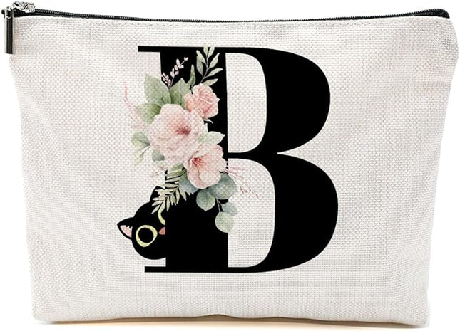Floral Cat Initial Makeup Bag, Personalized Skin Care Bag, Travel Organizer Toiletry Bags for Women Mom Friends, Cosmetic Bags Makeup Pouch with Zipper, Letter B