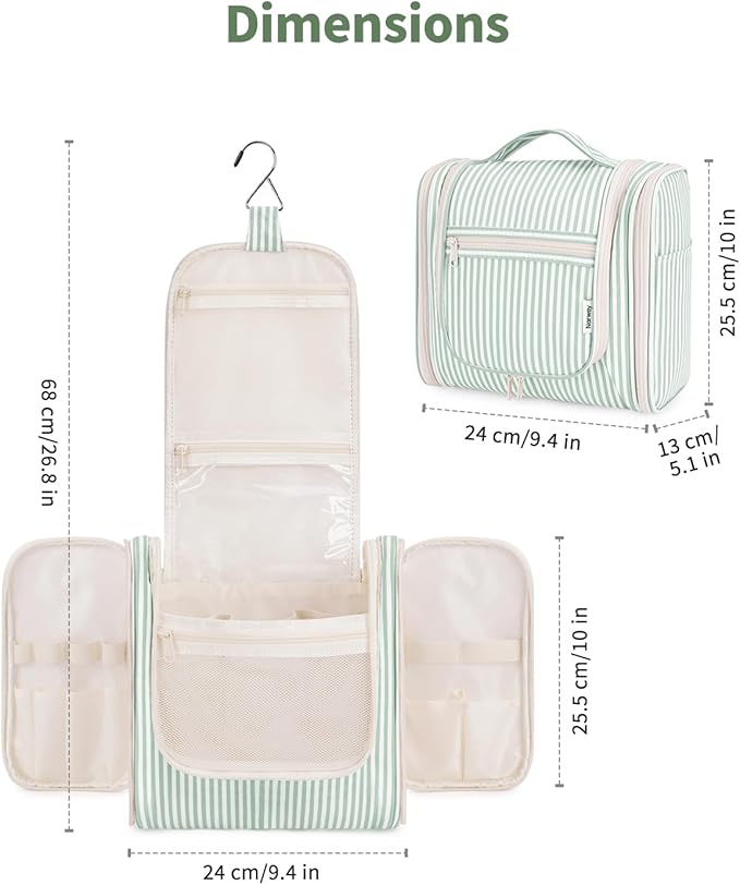 Narwey Striped Hanging Travel Toiletry Bag for Women, Travel Bag for Toiletries, Makeup Bag Organizer Cosmetic Bags Make Up Bags for Women (Mint Green Stripe)