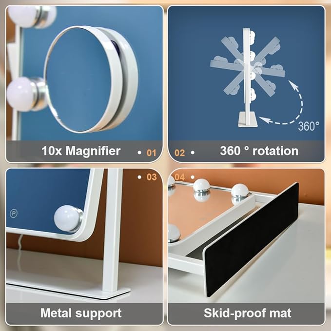 Hollywood Vanity Mirror with Lights,Tabletop Makeup Mirror with 9 LED Lights Smart Touch Control 3 Colors Light 360°Rotation Detachable 10X Magnification