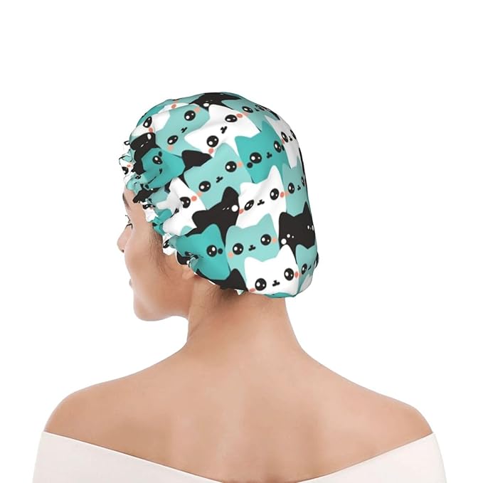 Cat Pattern Shower Cap For Women Reusable Waterproof Double Layers Bath Cap Hair Protection Elastic Ladies Spa Salon Shower Hat