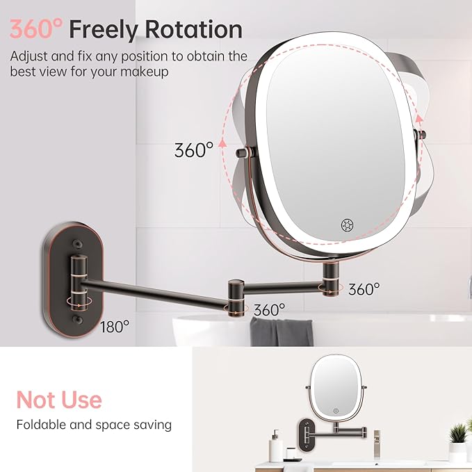 20X/1X Wall Mounted Lighted Makeup Mirror, Rechargeable Double Sided Magnifying Bathroom Lighted Mirror, 3 Color Modes Touch Dimmable Extended Arm 360 Rotation, Antique Bronze