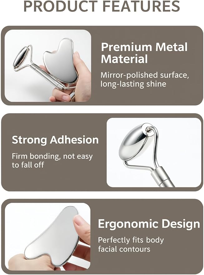 Stainless Steel Gua Sha and Face Roller Set Facial Massager Tools, Lymphatic Drainage Massager Metal Gua Sha Skin Self Care Gifts for Women, Face Sculpting Guasha for Body Eyes with Pouch