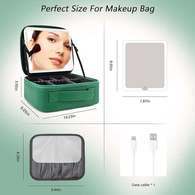Travel Makeup Bag with LED Mirror Travel Makeup Organizer with 3 Lighted Settings, Adjustable Dividers and Makeup Brush Storage Bag Dark Green