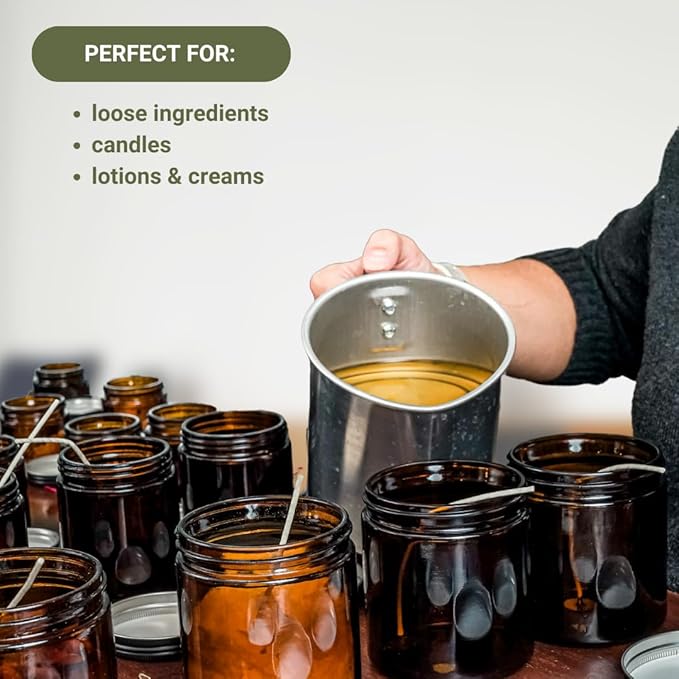 Glass Amber 16oz Jar - 12 Packs, Empty Round Jars For Beauty Products, Lotion, and Powders - Black Lid - Small Candle Jars