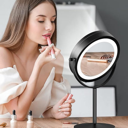 Gospire 7" Lighted Makeup Mirror with Magnification 10X/1X Double Sided, Round Magnifying LED Vanity Standing Cosmetic Shaving Mirror with Battery Operated, Cordless Portable for Bathroom Bedroom