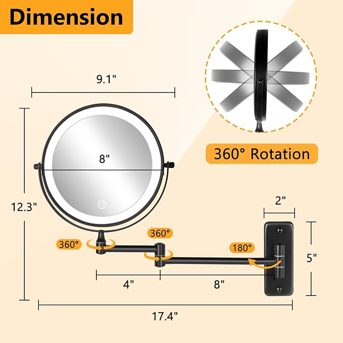DECLUTTR Rechargeable Wall Mounted Lighted Makeup Mirror, 8 inch 10X Magnifying Mirror with 3 Color Lights, Dimmable Touch Screen Makeup Mirror with Lights for Bathroom, Black