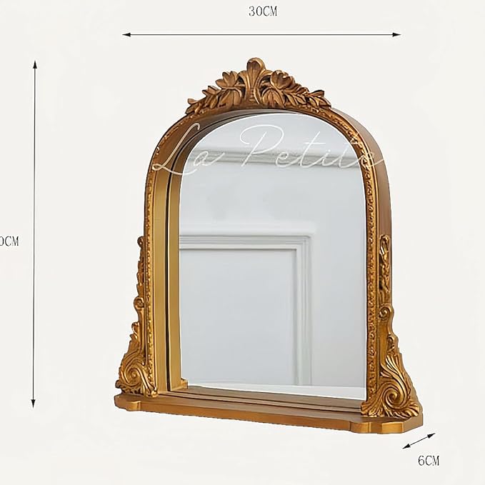 Vintage Antique Gold Framed Tabletop Mirror - Small Decorative Mirror with Carved Resin Frame for Vanity, Desk, or Shelf Decor