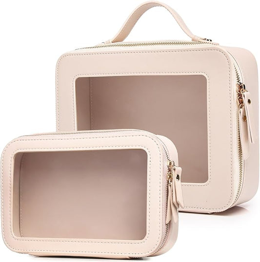 Pinkmik Clear Makeup Bag for Women Waterproof Travel Cosmetics and Toiletries Case Portable Makeup Oaganizer Bag Clear Car Bag with Zipper (Beige, M+L-1)