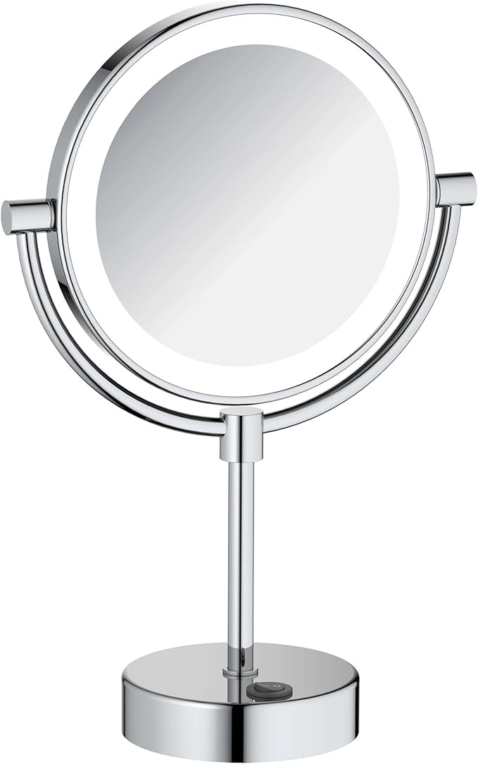 KIBI Circular LED Free Standing Magnifying Makeup Mirror | 360-Degree Swivel Shaving Mirror with Adjustable Brightness | Dual-Sided Vanity Mirror with 5X Magnification (Chrome Finish, KMM104)