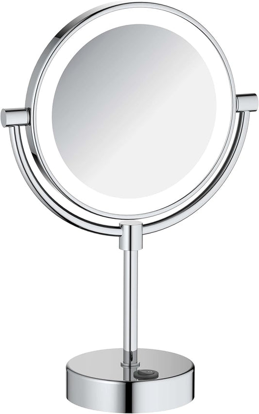 KIBI Circular LED Free Standing Magnifying Makeup Mirror | 360-Degree Swivel Shaving Mirror with Adjustable Brightness | Dual-Sided Vanity Mirror with 5X Magnification (Chrome Finish, KMM104)