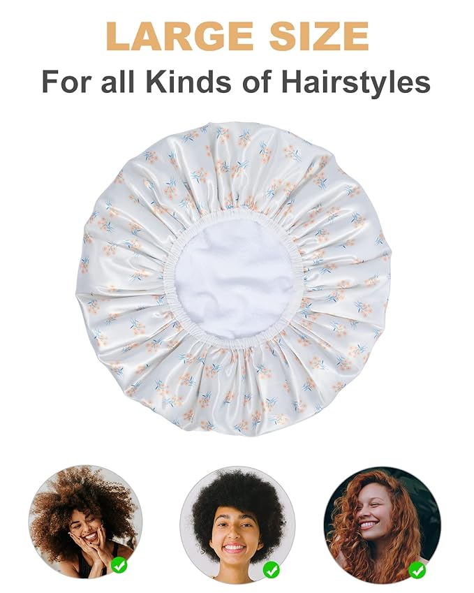 Shower Caps, Triple Layer Large Shower Cap for Women, Reusable Shower Caps for Long Thick Hair (Yellow floral)