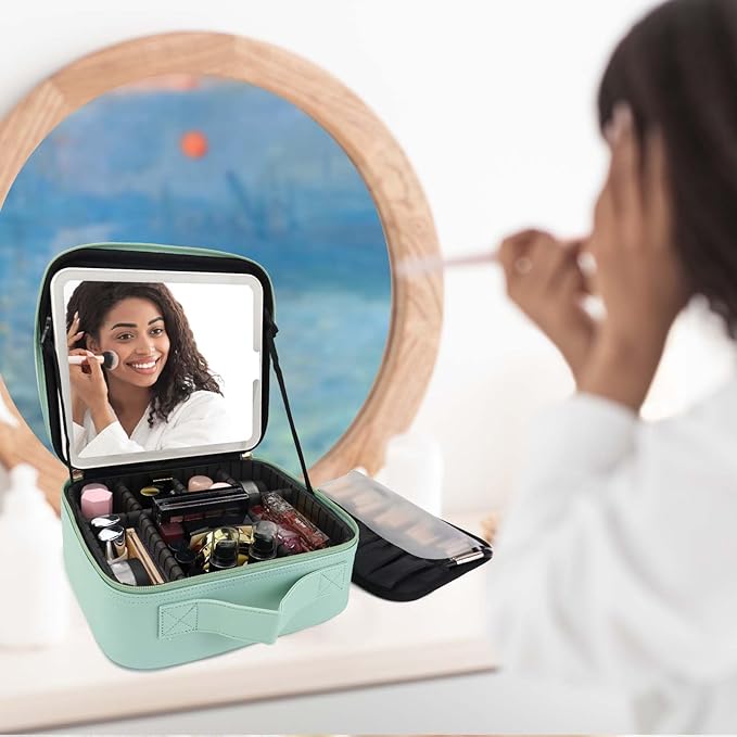 Travel Makeup Bag with LED Mirror Travel Makeup Organizer with 3 Lighted Settings, Adjustable Dividers and Makeup Brush Storage Bag Light Green