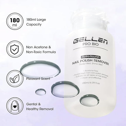 Gellen Nail Polish Remover, Dual-phase Nourishing Polish Removal- Non Acetone- for Quick Dry Nail Polishes- Non Toxic Fingernail Polish Remover with Easy Push-down Pump- Unscented- 6.09 Fl Oz