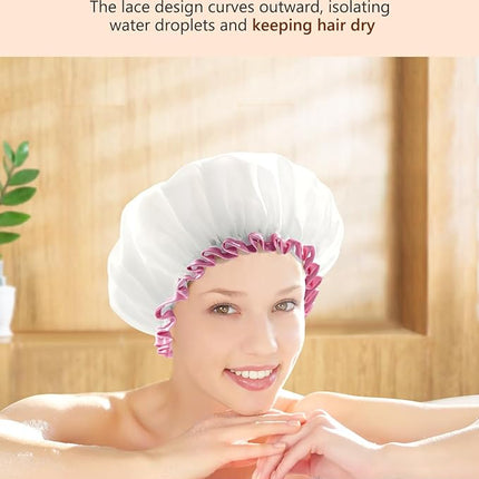 mikimini White Shower Cap Pack of 2 Waterproof Reusable Double Layers Bathing Hair Caps with Soft Comfortable PEVA Lining, Cute, Non-fading & Stretchy Shower Hat Medium White