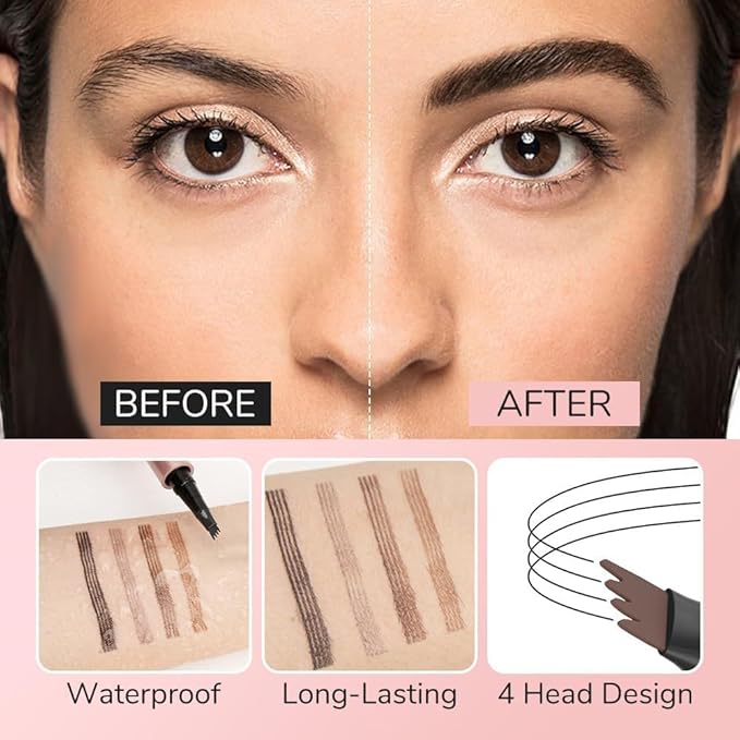 Microblading Eyebrow Pen, 2025 New Premium Waterproof Eyebrow Pencil, Eye Brow Pen with 4 Tip, Long-Lasting Natural Magic Eyebrow Makeup Fine Stroke Contouring Pencil Stay on All Day (Dark Brown)