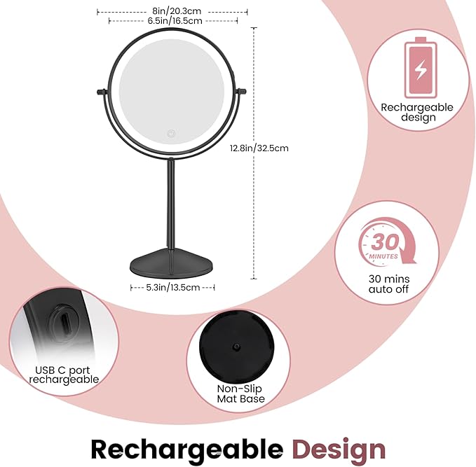 8" Vanity Mirror with Lights Rechargeable, 1X/10X Magnifying Makeup Mirror with Touch Screen, 54 LED Adjustable Brightness, 3 Color Modes, 360° Rotation for Tabletop & Bedroom