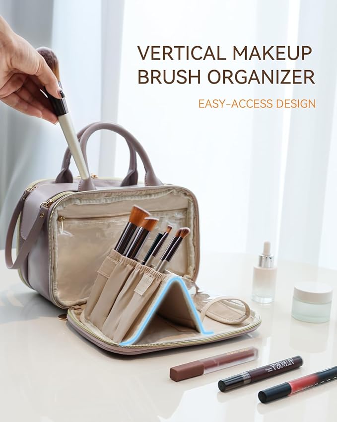 Prite Makeup Bag for Women, Large Capacity Waterproof Travel Cosmetic Organizer, Portable Open Flat Toiletry Bag with Free-standing Brush Holder and Handle(Purple Meidum)