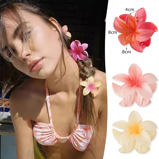 6Pack Plumeria Flower Hair Clips for Women - Gradient Big Flower Acrylic Hair Clip Sweet Hairpins Hair Clips Crab Clamps Barrettes Hawaiian Non-Slip Fashion Beach Hair Accessories