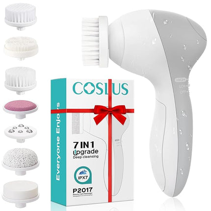 COSLUS Facial Cleansing Brush Silicone Face Scrubber: 7 in 1 FBS-D Electric Exfoliating Rotating Massage Device Waterproof Deep Cleaning Exfoliation Spa Machine - Electronic Skin Care Wash System