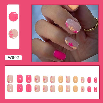 Square Press on Nails Short Fake Nails Rose Red Yellow Flowers Design Glue on Nails Flower Acrylic Nails Press ons Rose Red Full Cover False Nails Glossy Stick on Nails for Women Girls 24 Pcs