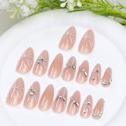 Almond Press on Nails Medium Fake Nails Nude Pink Nails Press ons with 3D Rhinestones Silver Pearl Designs Acrylic Nail Glossy Stick on Nail for Women 24 Pcs