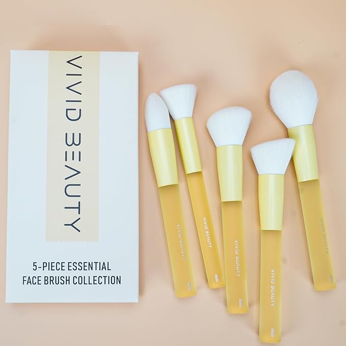 5pcs Yellow Face Makeup Brush Set – Mimic Natural Wool Synthetic Bristles, Non-Slip Rubber Handles – Cruelty-Free, Travel-Friendly Make up Brushes– Perfect for Contouring, Setting & More