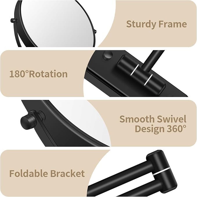 8” Wall Mounted Magnifying Makeup Mirror 1X/7X Wall Mount Mirror Swing Arm Two-Sided 360° Swivel Bathroom Shaving Mirror for Men and Women in Hotel/Home, Black