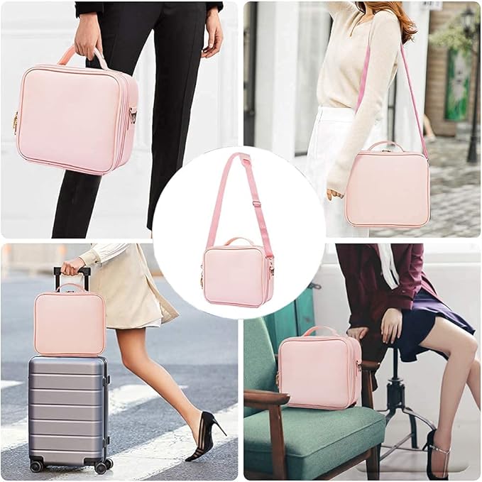 PU Leather Travel Makeup Bag, Portable Makeup Organizer Case Makeup Train Case with Adjustable Dividers and Shoulder Strap Make up Bags (with Mirror Pink)
