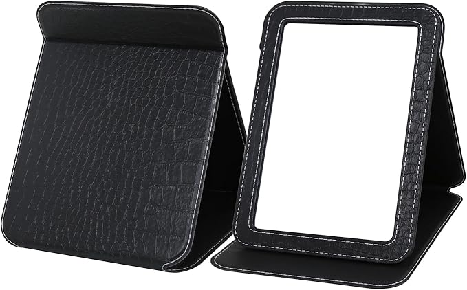 Black Foldable Desk Mirror, 5.3×6.9” Adjustable Angle Rounded Rectangle PU Edge Covering Travel Mirror with Stand (MBlack)
