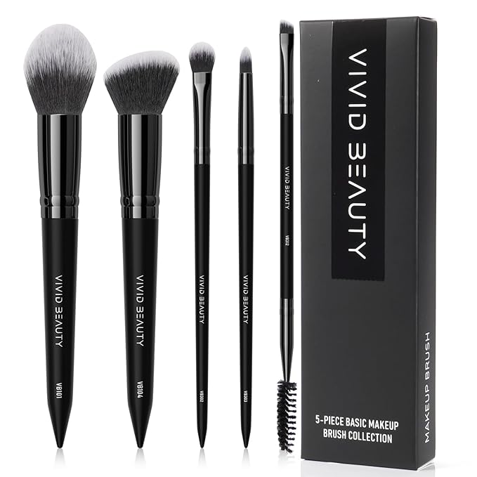 5pcs Basic Makeup Brushes- Portable Face and Eye Set for Powder, Blush, Bronzer, Eyeshadow, and Eyebrow - Travel Friendly Brush Kit -Perfect for Daily Make up and On the Go Touch-Ups (Black)