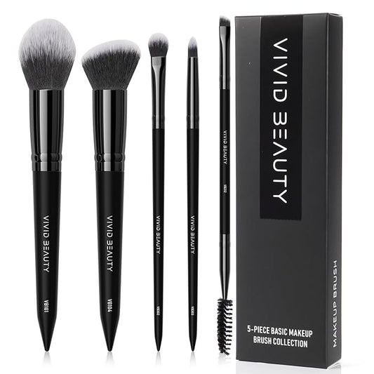 5pcs Basic Makeup Brushes- Portable Face and Eye Set for Powder, Blush, Bronzer, Eyeshadow, and Eyebrow - Travel Friendly Brush Kit -Perfect for Daily Make up and On the Go Touch-Ups (Black)