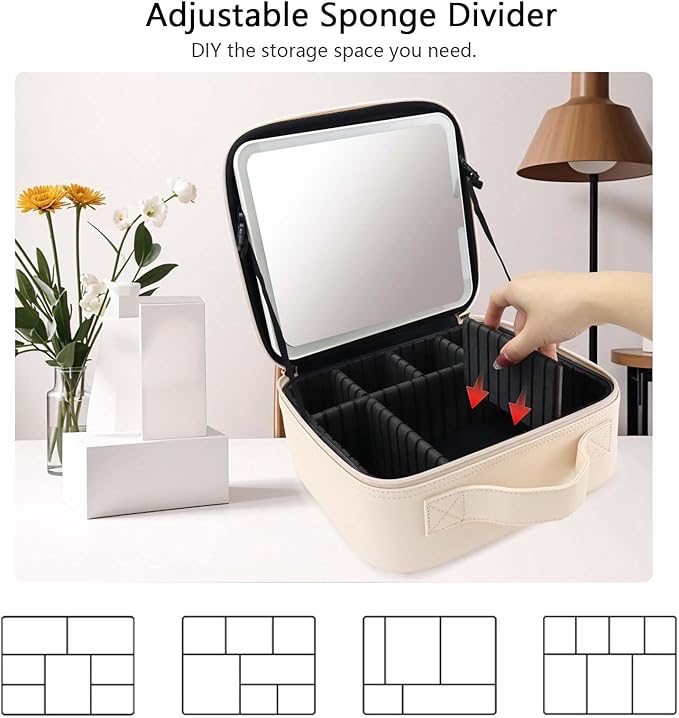 Travel Makeup Bag with LED Mirror Travel Makeup Organizer with 3 Lighted Settings, Adjustable Dividers and Makeup Brush Storage Bag White