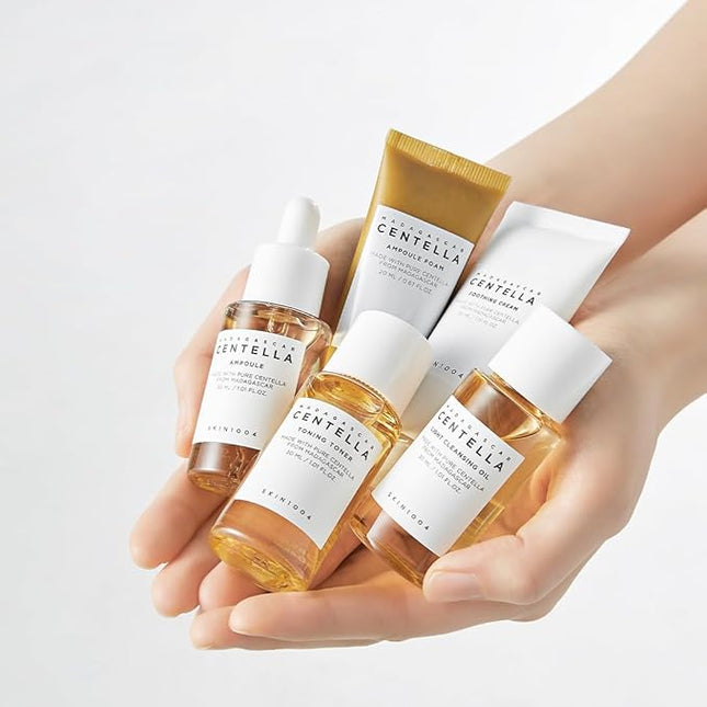 SKIN1004 Madagascar Centella Travel Kit, Toner, Ampoule, Soothing Cream, Cleansing Oil, Ampoule Foam, Basic Skincare Trial Kit Box , Gift Sets for Mom, Women & Mothers Day, Compact Size