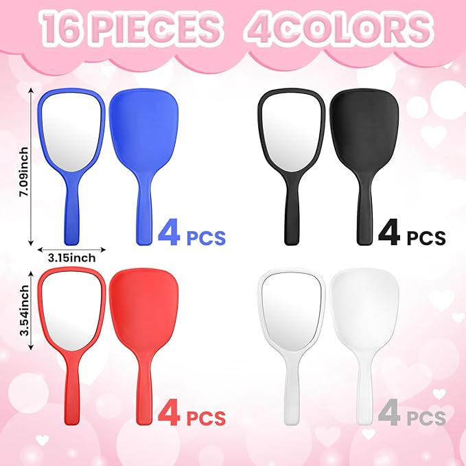 Hicarer 16 Pcs Hand Handheld Mirror with Handle Plastic Travel Makeup Handheld Cosmetic Mirror for Travel, 3.15 Inch Wide, 7.09 Inch Long (Black,White,Blue,Red)