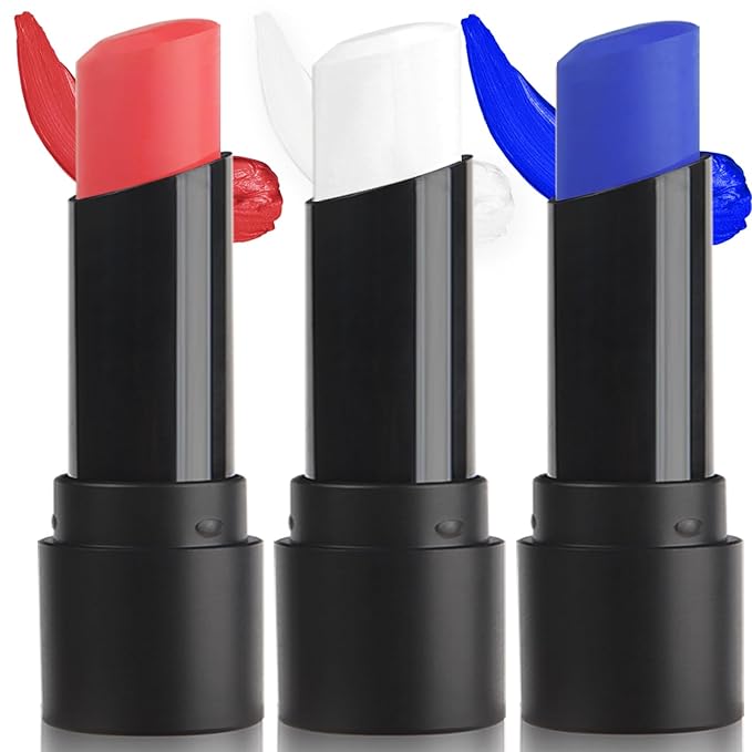 MEICOLY 3Pcs Red White and Blue Face Body Paint Stick,Face Paint for Joker Makeup,Face Painting for Halloween SFX Clown Devil Spiderman Cosplay,Red White and Blue Eye Black,4th of July Accessories