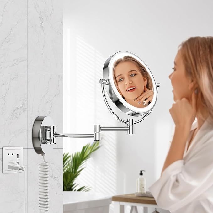 Wall Mounted Makeup Mirror with Lights, 30X/1X Double-Sided Magnifying, Plug-in Lighted Vanity Mirror with 3 Color Modes, Dimmable Brightness, 360° Swivel Extendable Arm for Bathroom & Grooming