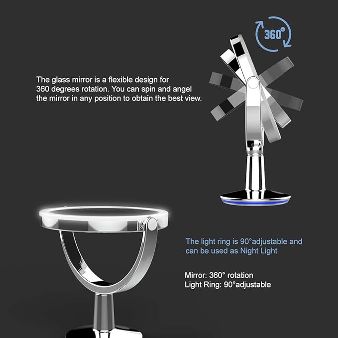 SuperGlow 9" Round Shaped Dual-sided Lighted Makeup Mirror, 1X/5X Magnifying Vanity Mirror, Brightness 1000Lux, 360 Degree Rotating Adjustable Brightness Mirror, Brushed Nickel Finish