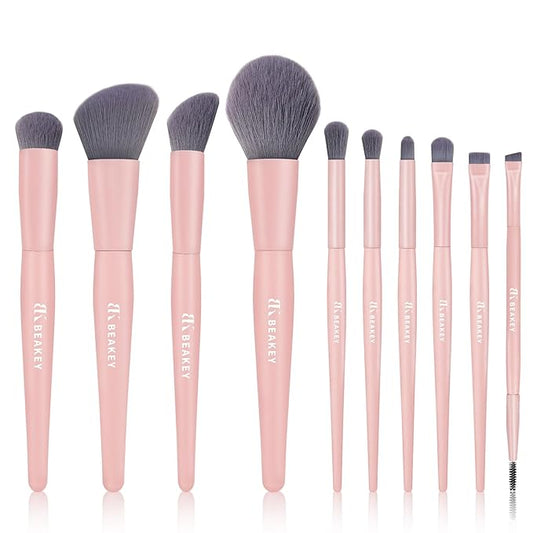 BEAKEY Pink Makeup Brushes Set–10 Pcs Taklon Bristles for Foundation Powder Blush Contour Eyeshadow & Concealer with Durable Birch Handles