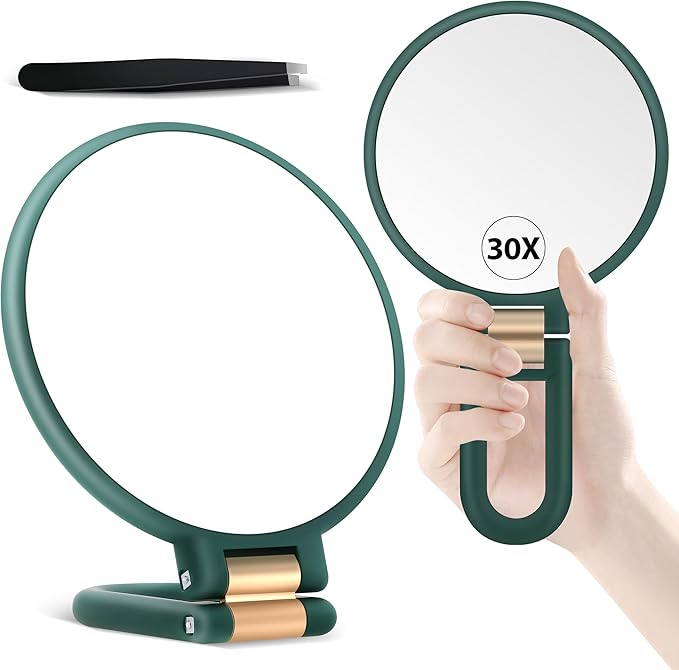 B Beauty Planet 30X Magnifying Mirror, Hand Mirror with Handle, Double Sided Hand Mirror with 30X/1X Magnification, Travel Essential Portable Foldable Makeup Mirror for Precision MakeupGreen