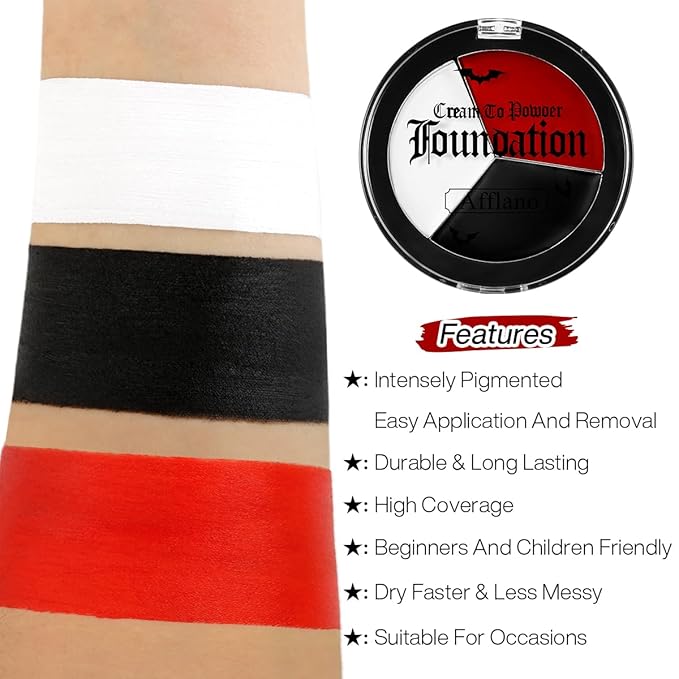 Goth White Black Red Face Paint Makeup Foundation, Clown Halloween White Face Body Paint Makeup Semi-Matte, Non Toxic FX Eye Black Red Body Painting Zombie Vampire Costume Party Cosplay Greasepaint