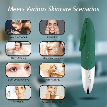 Facial Cleansing Brush, 3-in-1 Electric Silicone Face Scrubber, Vibrating Massager, IPX7 Waterproof, USB Rechargeble Pore Brush for Deep Cleanning, Blackhead Remover, Exfoliating (Green)