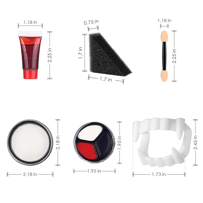 6PCS Halloween Makeup Set Includes Fake Blood, Black White Red Face Body Paint, Vampire Teeth Fang and Stipple Sponge for Costumes, Cosplay, Dress-Up