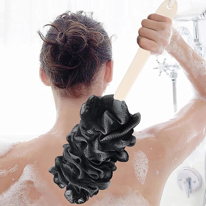 Back Scrubber for Shower, Loofah Long Handle Bath Body Brush, Soft Nylon Mesh Sponge On a Stick for Shower Men Women Kids Elderly, Exfoliating Scrub Cleaning Luffa for All Kinds of Skin(Black)
