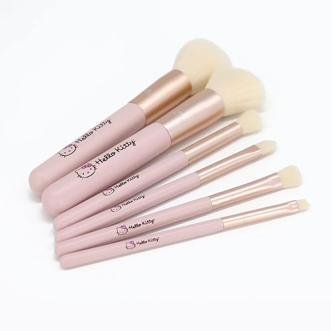 Impressions Vanity Hello Kitty 6 PCs Makeup Brush Set with Clear Cloche, Super Soft Brushes for Foundation, Face Powder, Blending, Eye Shadow, and Liner with Cute 3D Holder Organizer