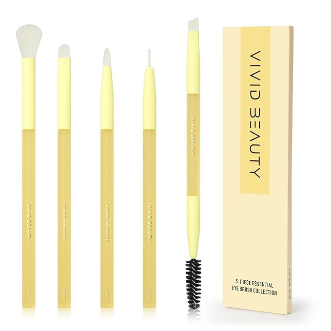 5pcs Yellow Eyes Make up Brush Set Soft Fiber & Rubber Handle Premium Small Brushes Kit, Includes Concealer, Blending, Eyeshadow, Dual-ended Brow and Lash Brushes ideal for Eye Makeup