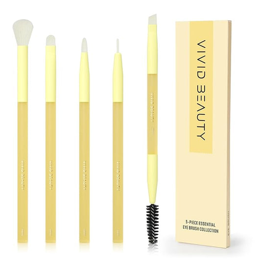 5pcs Yellow Eyes Make up Brush Set Soft Fiber & Rubber Handle Premium Small Brushes Kit, Includes Concealer, Blending, Eyeshadow, Dual-ended Brow and Lash Brushes ideal for Eye Makeup