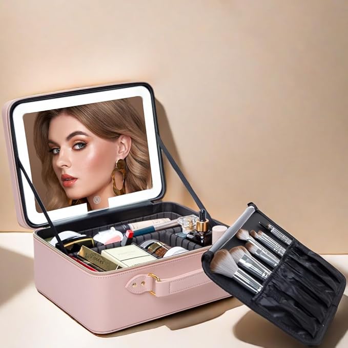 Makeup Bag with LED Mirror, Portable Makeup Artist Organizer Case with Lighted Mirror, Travel Makeup Bag for Women Cosmetic Brush Holder Storage, Pink Makeup Gift for Girls